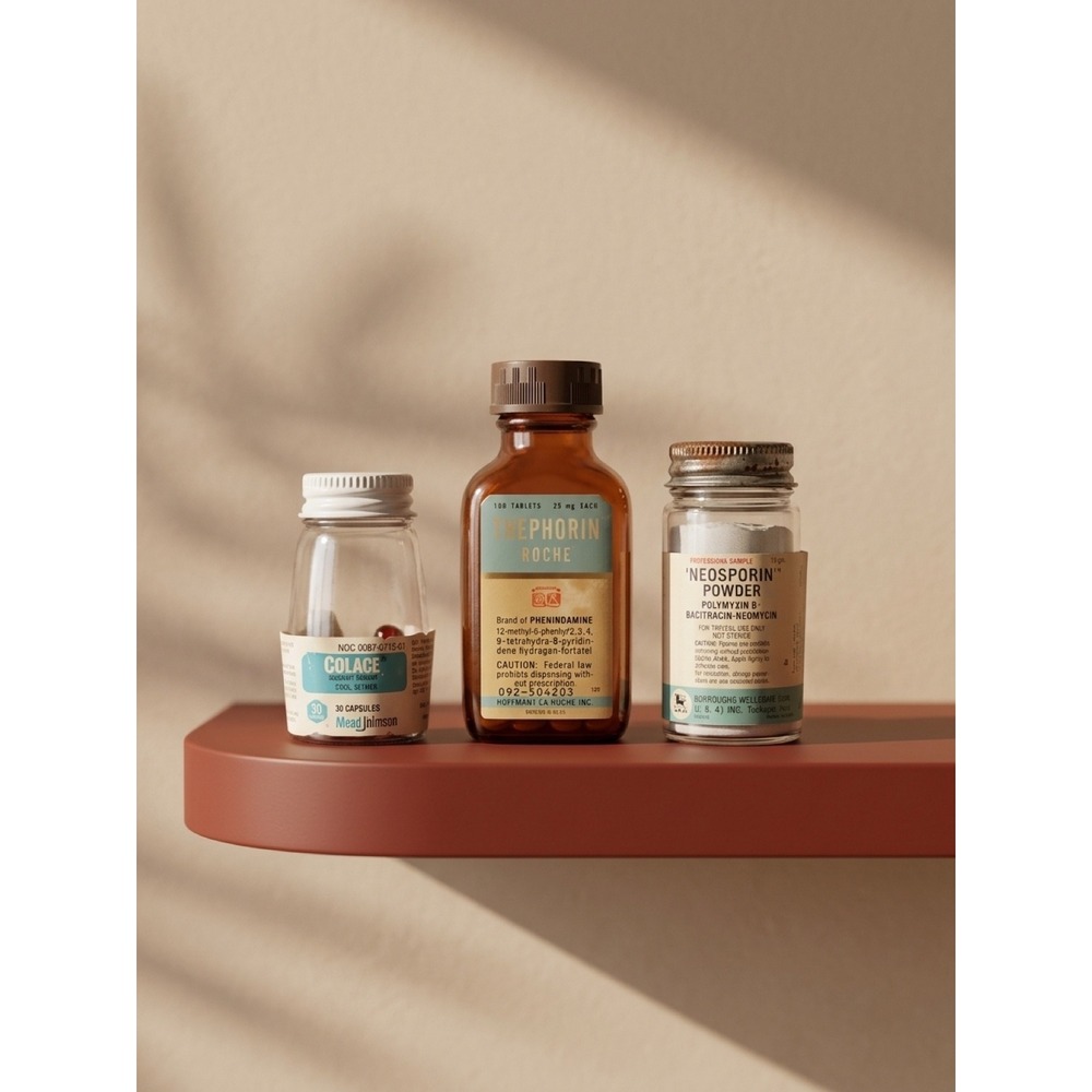 Vintage Glass Medicine Bottles Thephorin Roche, Neosporin Powder, Colace